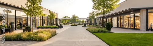 Modern shopping center featuring landscaped walkways and retail storefronts under bright daylight.