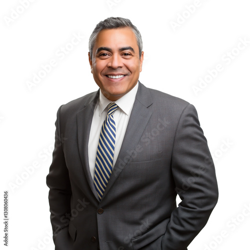 portrait of a handsome mature Hispanic businessman in blue suit, isolated on white transparent background