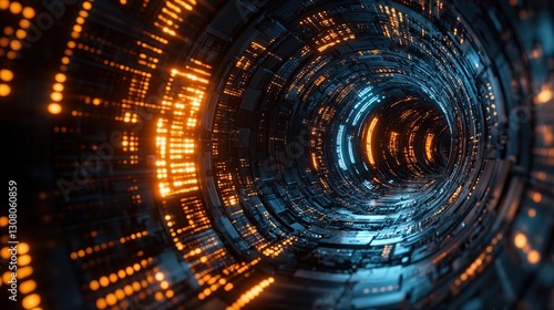 Futuristic tunnel, glowing lights, digital background, data stream, tech concept