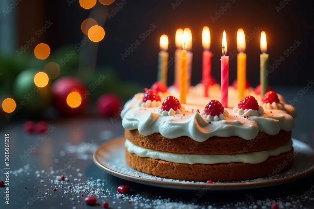 Cake with lit candles and festive decorations, festive, dessert Cake with lit candles and festive decorations, festive, dessert