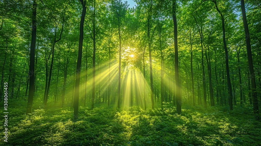 Fototapeta premium Sunlight beams through lush forest canopy