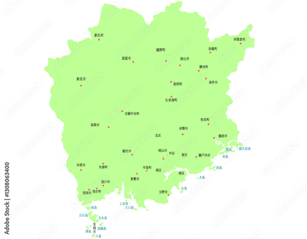 Obraz premium 岡山県 地図 黄緑 斑点 イラスト