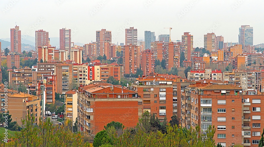 Fototapeta premium Cityscape Dense apartment buildings, hazy hills, park foreground