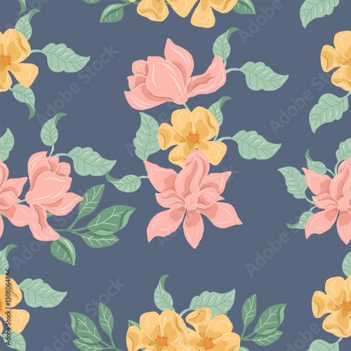 Pink Magnolia and Yellow Floral Seamless Pattern