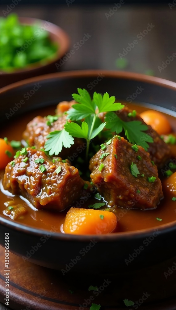 Close-up of a steaming bowl of South African oxtail stew garnished with fresh herbs, meal, homemade Close-up of a steaming bowl of South African oxtail stew garnished with fresh herbs, meal, homemade