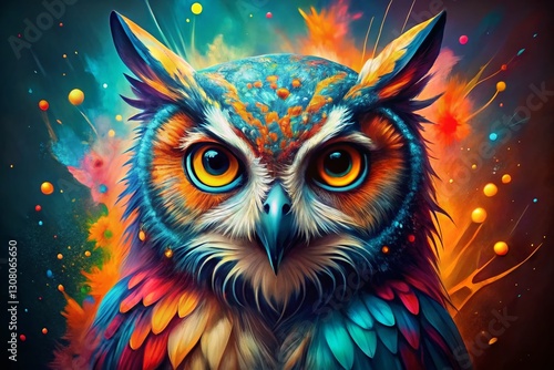 Colorful Owl Portrait with Abstract Paint Splatter - Vivid Bird Art