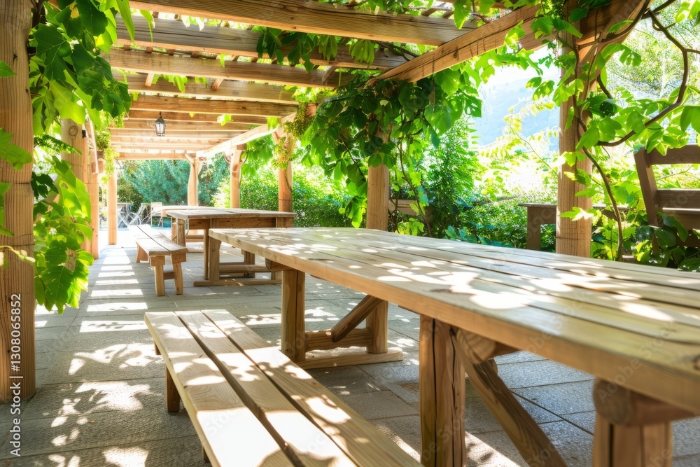 Fototapeta premium Wooden garden dining tables with benches under a pergola covered in green vines.