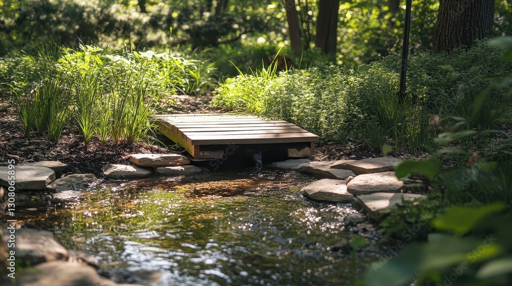Serene Wooden Bridge Over Tranquil Stream in Lush Green Forest Serene Wooden Bridge Over Tranquil Stream in Lush Green Forest