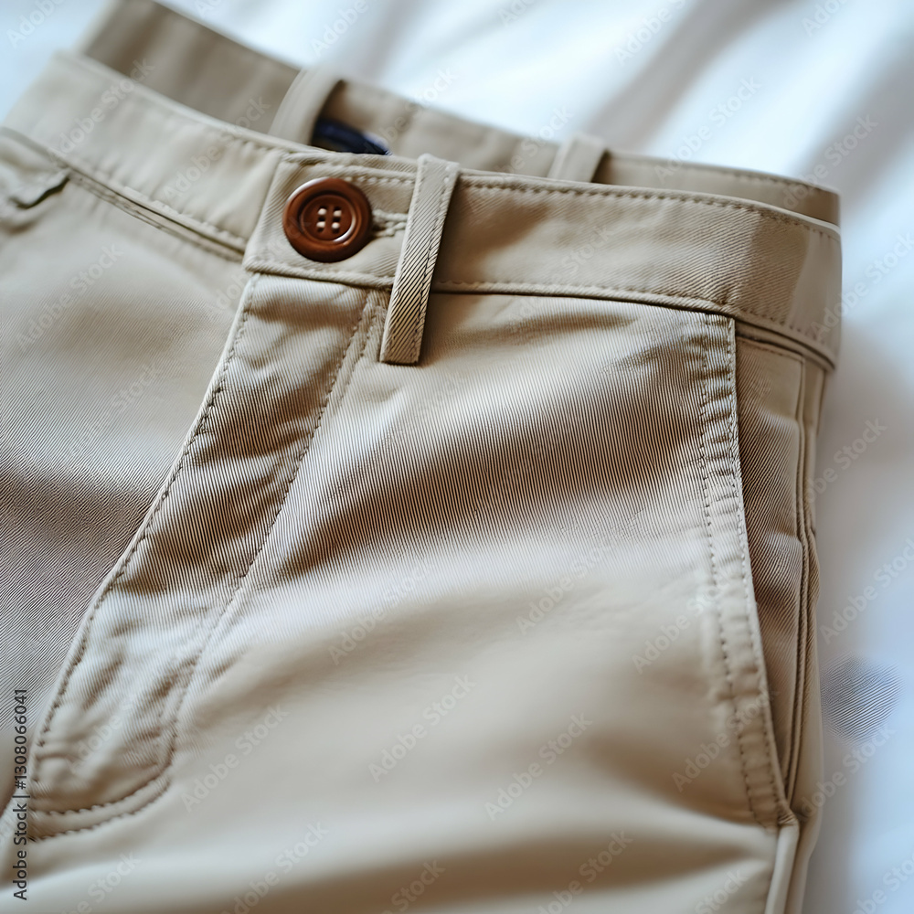 Beige Cotton Trousers Close-up Product Photo: Detailed Texture and Button Beige Cotton Trousers Close-up Product Photo: Detailed Texture and Button