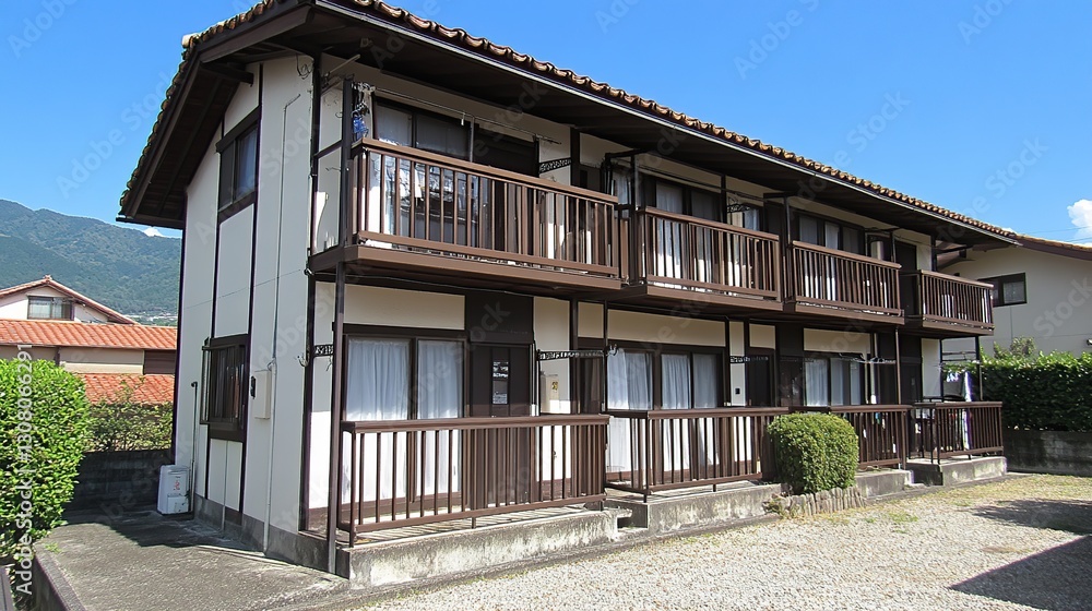Japanese apartment building, sunny day, mountain view, rental property Japanese apartment building, sunny day, mountain view, rental property