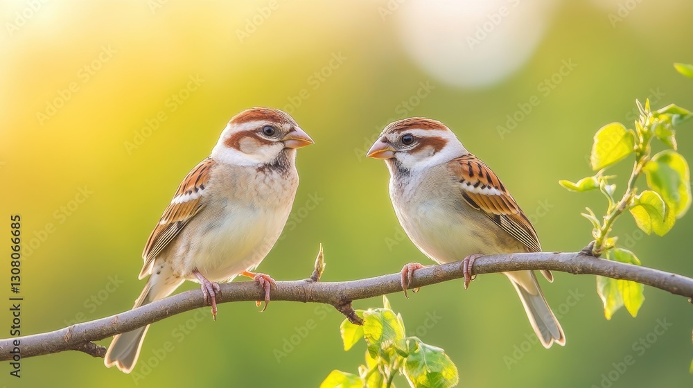 Two Sparrows Perched Together on a Branch in Soft Light Two Sparrows Perched Together on a Branch in Soft Light