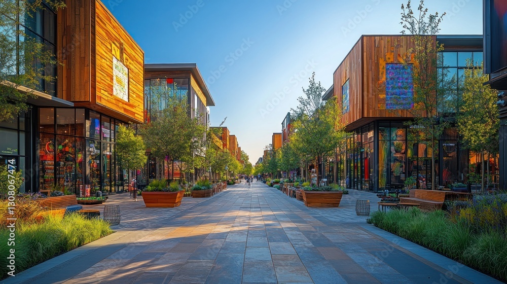 Fototapeta premium Modern outdoor mall walkway at sunrise with shoppers in background