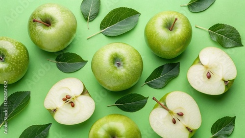 Green Apples, Halves, and Leaves on Green