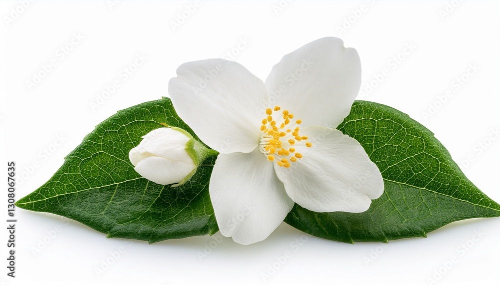 Obraz premium white jasmine flowers with green leaf isolated on white background clipping path included