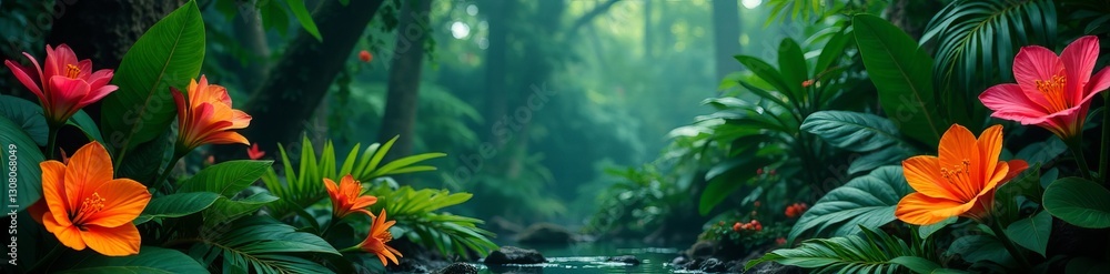 Fototapeta premium Close-up of colorful exotic flowers and plants in tropical rainforest, botanical, vibrant