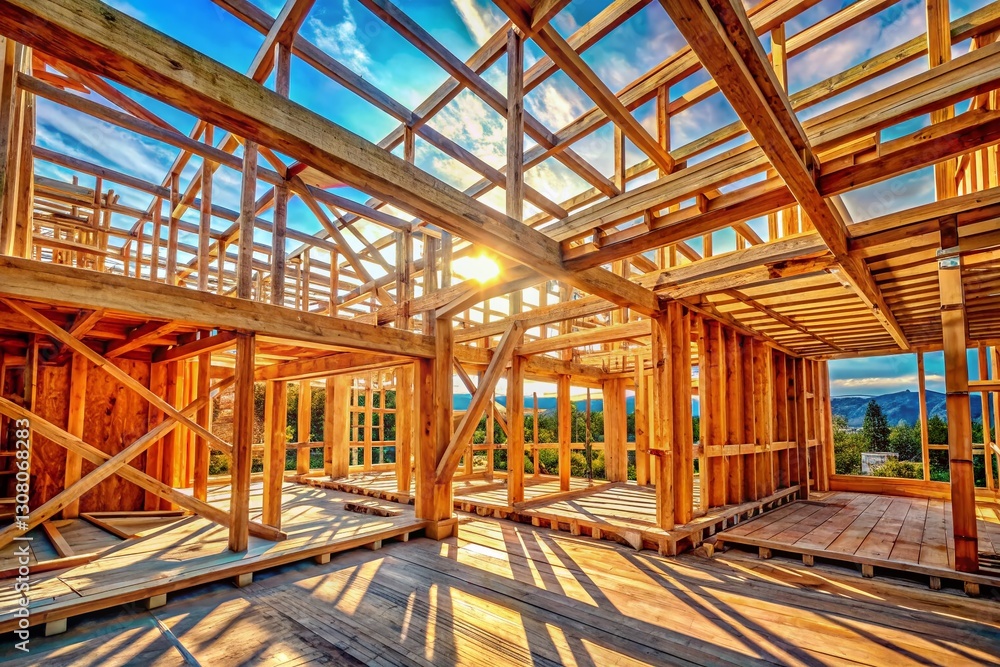 Construction Site: Wooden Framework Rising - Documentary Style Stock Photo Construction Site: Wooden Framework Rising - Documentary Style Stock Photo