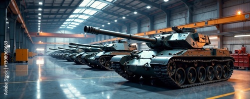 Large shine tanks in a modern tank factory with various tank types on display, military equipment, factory floor