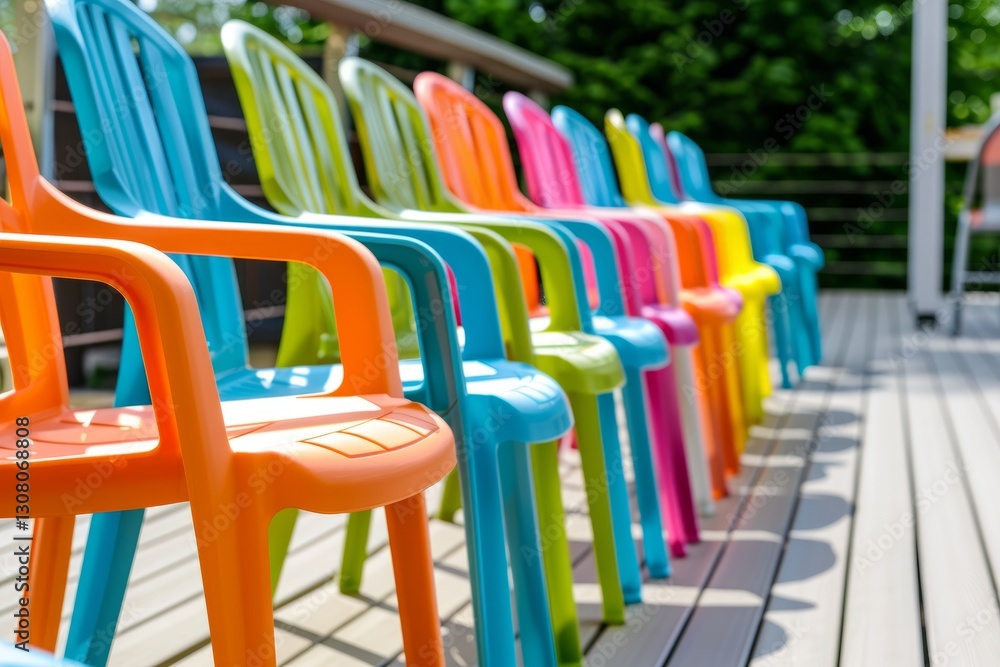 Colorful plastic patio chairs stacked in a row on wooden deck Colorful plastic patio chairs stacked in a row on wooden deck