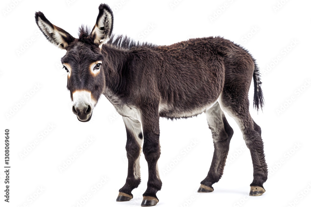 Fototapeta premium Young donkey standing, white background, farm animal, agriculture