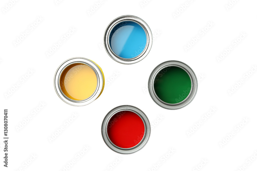 PNG, Paint, cans of colored paint, top view, isolated on white background PNG, Paint, cans of colored paint, top view, isolated on white background