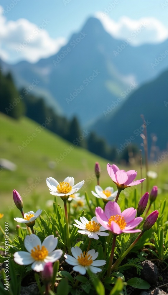 Fototapeta premium Close-up of delicate alpine meadow flowers in a mountain setting, beauty, mountain