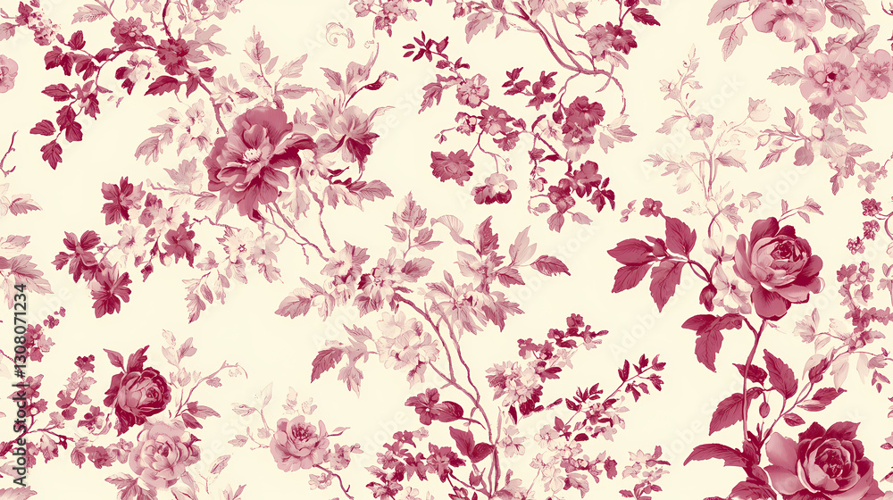 Obraz premium Vintage inspired seamless toile de jouy pattern featuring intricate floral designs in shades of pink on soft cream background, evoking classic and elegant aesthetic. Timeless - Garden. Illustration