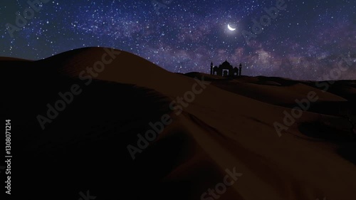 Ramadan festival moon of stars islamic mosque in desert background