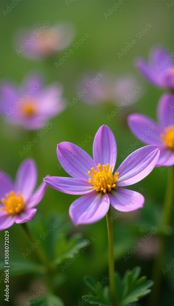 Close-up of delicate purple and yellow wildflowers in a meadow, wildflowers, close-up Close-up of delicate purple and yellow wildflowers in a meadow, wildflowers, close-up