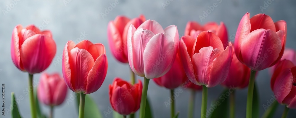 Fototapeta premium Close up of delicate tulip petals in shades of red, pink, and purple on a gray backdrop, backdrop, pink