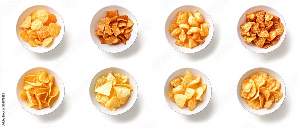 Assorted fried potato chips snack on white Assorted fried potato chips snack on white