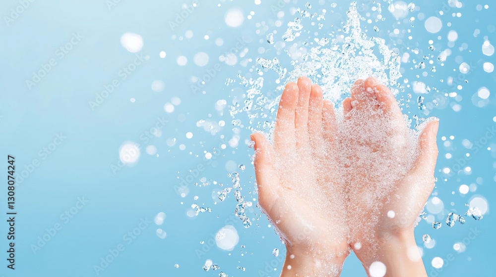 Hands Cupping Fresh Water: Capturing the gentle splash of water cascading over cupped hands, a refreshing scene on a bright, clean, blue backdrop Hands Cupping Fresh Water: Capturing the gentle splash of water cascading over cupped hands, a refreshing scene on a bright, clean, blue backdrop