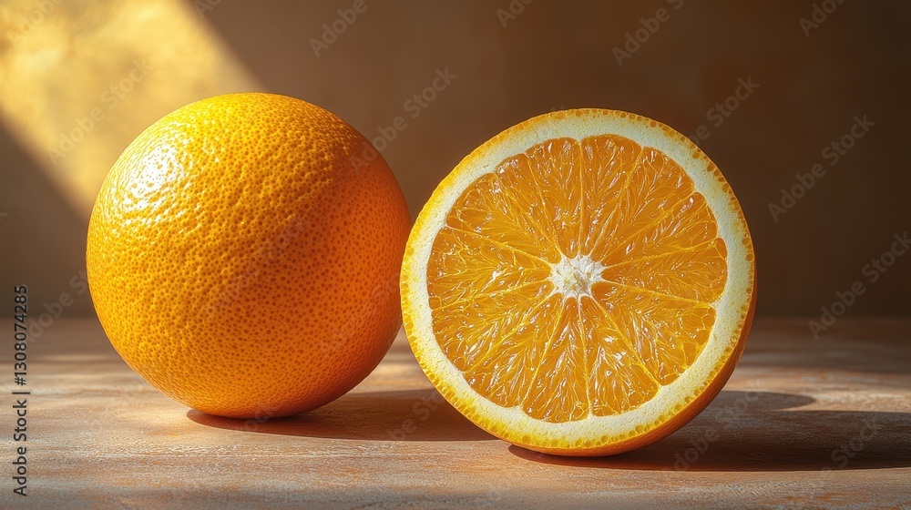 Fototapeta premium A vibrant, juicy half of an orange rests beside a whole, unpeeled orange. The bright citrus colors contrast beautifully against a clean, white background, highlighting their freshness.