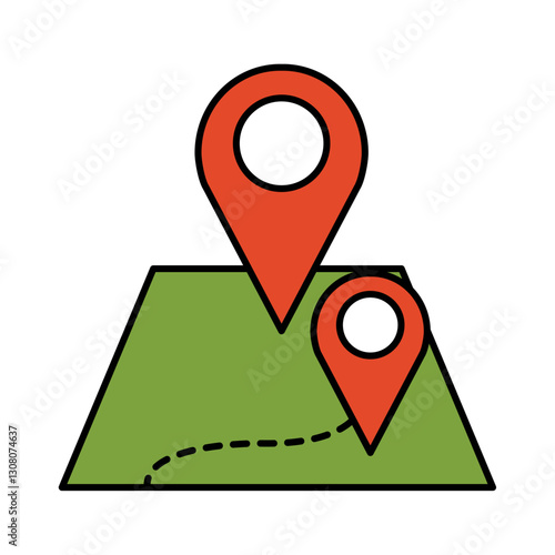 Vector Illustration of a Map with Location Markers Showing a Travel Route and Navigation Path for Trip Planning and Direction Finding