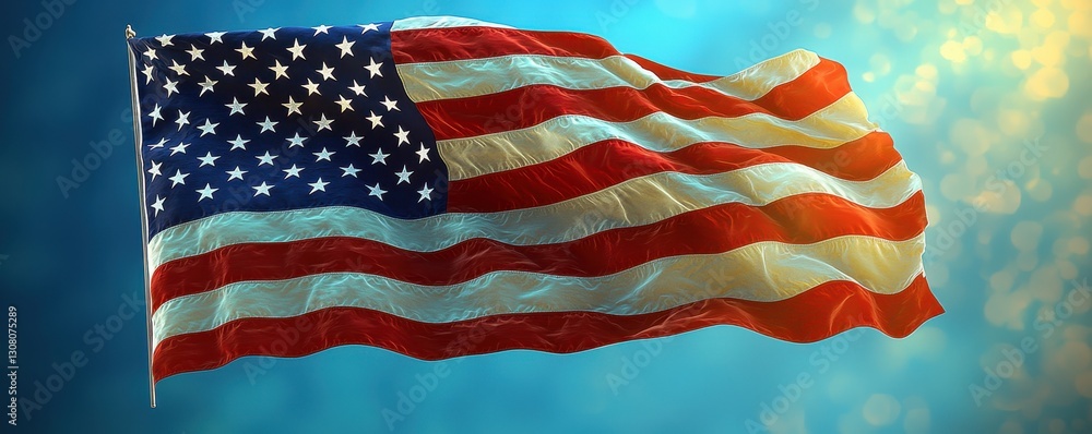Fototapeta premium A vibrant flag flutters gracefully in the gentle breeze against a clear blue sky, with a few fluffy white clouds scattered, creating a picturesque and uplifting scene.