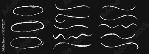 Hand drawn chalk circles and lines set. White pastel underlines and strokes collection. Wavy crayon brushstroke bundles. Rough sketch marks and highlights for divide, separate and emphasis. Vector