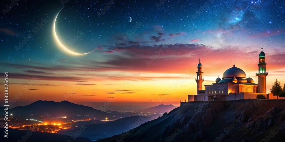 Obraz premium Crescent Moon, Star, Mosque Silhouette, Hill, Night Panoramic