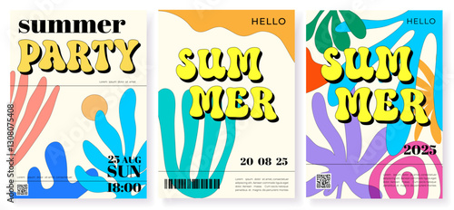  summer  poster set, creative bright summer party cover, print, background, banner, decor, invitation, card, groove, retro , template, vector illustration