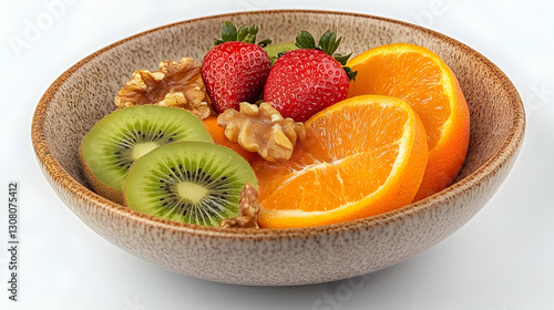 Vibrant Fruit and Nut Bowl: A Realistic Photo of Kiwi, Strawberry, Orange, and Walnut Slices