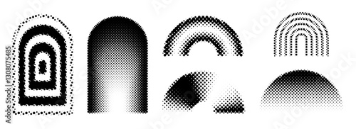 Black halftone arch set. Different pixelated gradient arc collection. Dotted pop art curve element bundle for collage, graphic design template, banner, poster. Comic bitmap 8 bit arches pack. Vector 