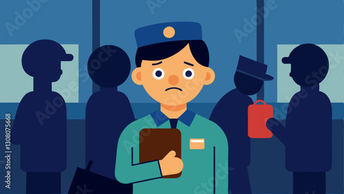 Train Station Tension A worried person stands at a train station clutching a fake passport tightly as they watch a security officer scanning the crowd.