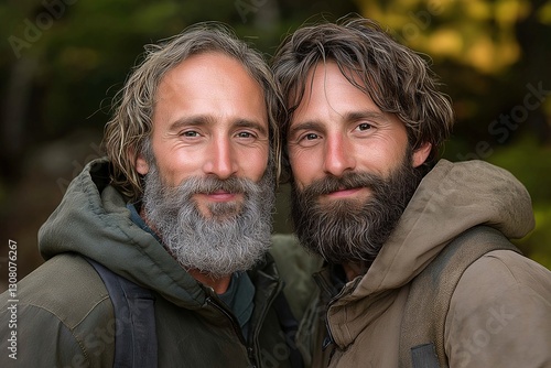 Outdoor Portrait of Bearded Brothers in Autumn Woodland Adventure – Capturing Friendship and Happiness