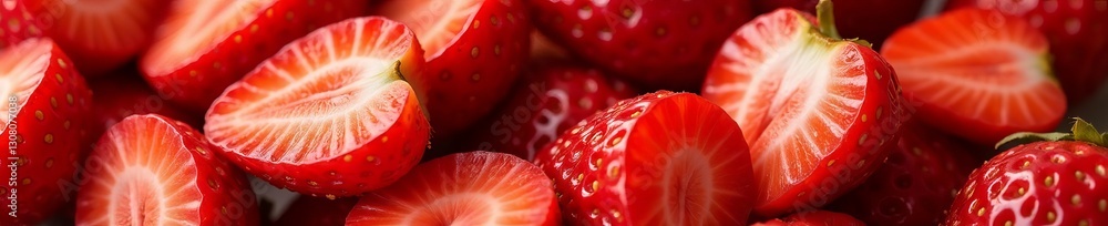 Close-up of juicy strawberries cut into slices, ready for making fruit salad, dessert, juicy Close-up of juicy strawberries cut into slices, ready for making fruit salad, dessert, juicy