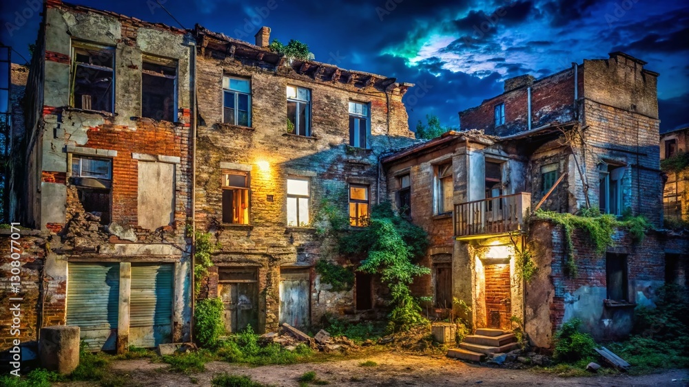 Fototapeta premium Crumbling Brick Walls: Poverty, Ruin, and Decay in Old Residential Buildings