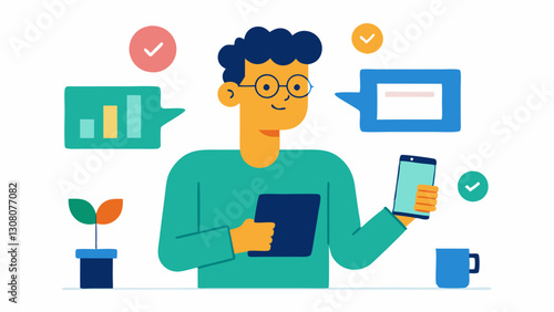Product Showcase A character holding a tablet showcasing various product images while jotting down engaging words on a notepad suggesting the importance of presentation and