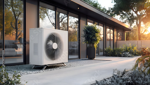 Air source heat pump installed in residential building. Sustainable and clean energy at home. Generative with AI technology 