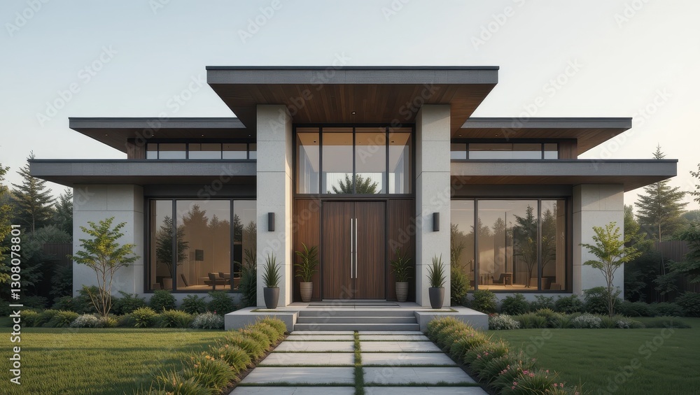 Modern Home Exterior, Sunny Day, Lush Landscaping Modern Home Exterior, Sunny Day, Lush Landscaping