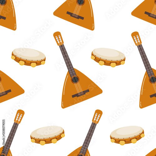 Musical instruments pattern featuring balalaika and tambourine designs on a white background