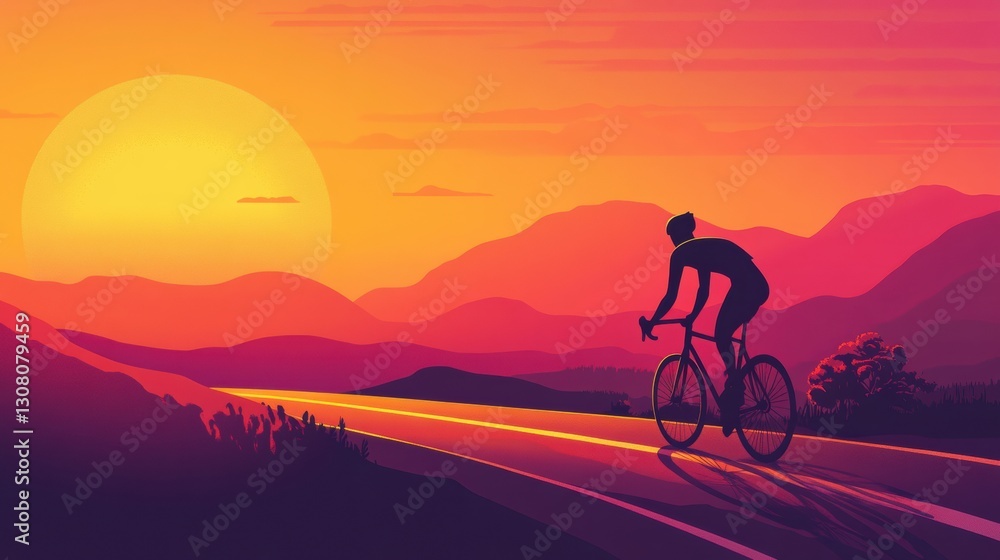 Fototapeta premium Cyclist silhouetted against a glowing sunset riding through rolling hills at golden ratio intersection Generative AI