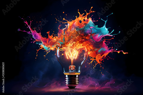 Creative light bulb explodes with colorful paint and colors. New idea, brainstorming concept