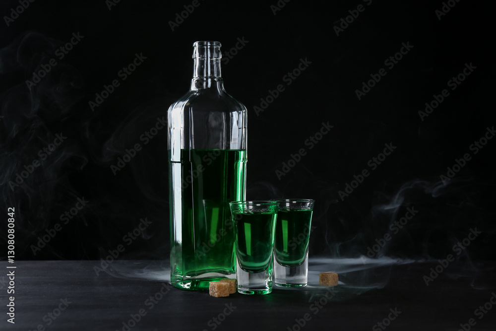 Φωτογραφία Absinthe in shot glasses, bottle and brown sugar on table against black backgrou